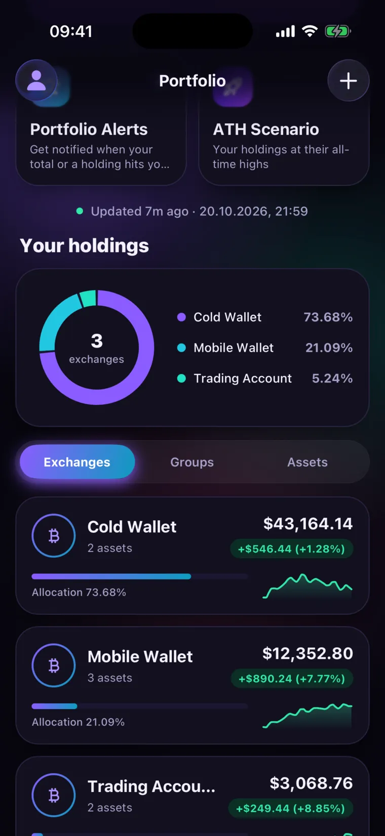 Holdings by exchange: a ring with each wallet's share and a card with each wallet's total